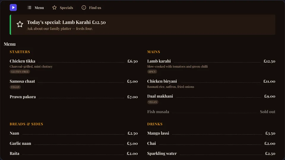 A restaurant menu app made from a Studio template