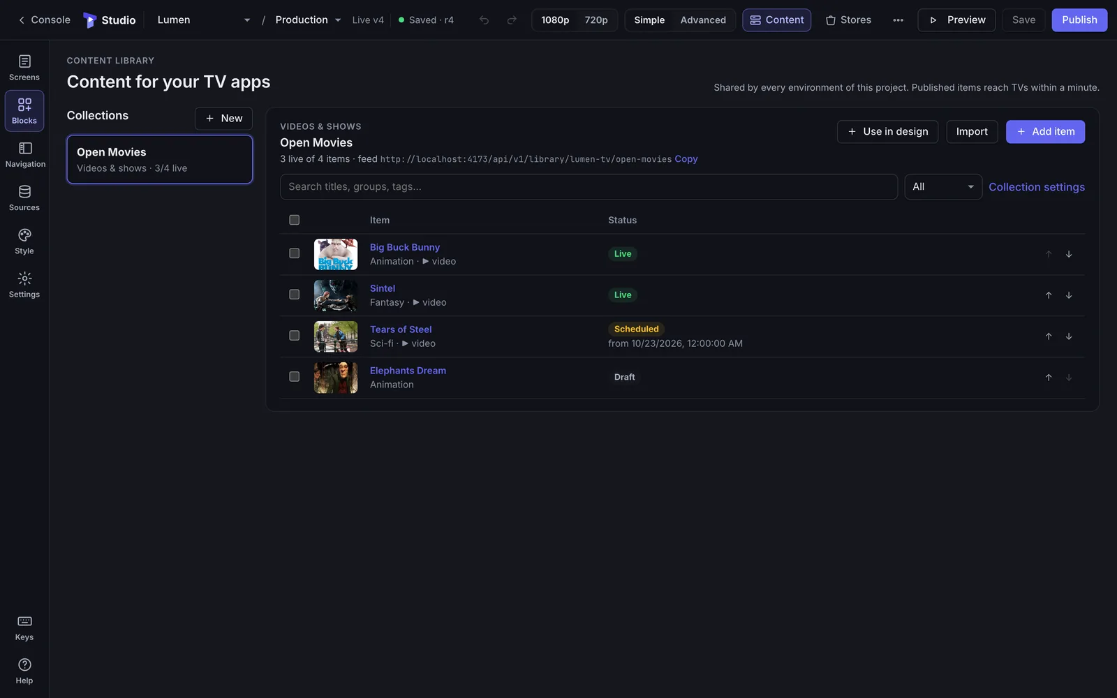 The content library with published, scheduled and draft movies