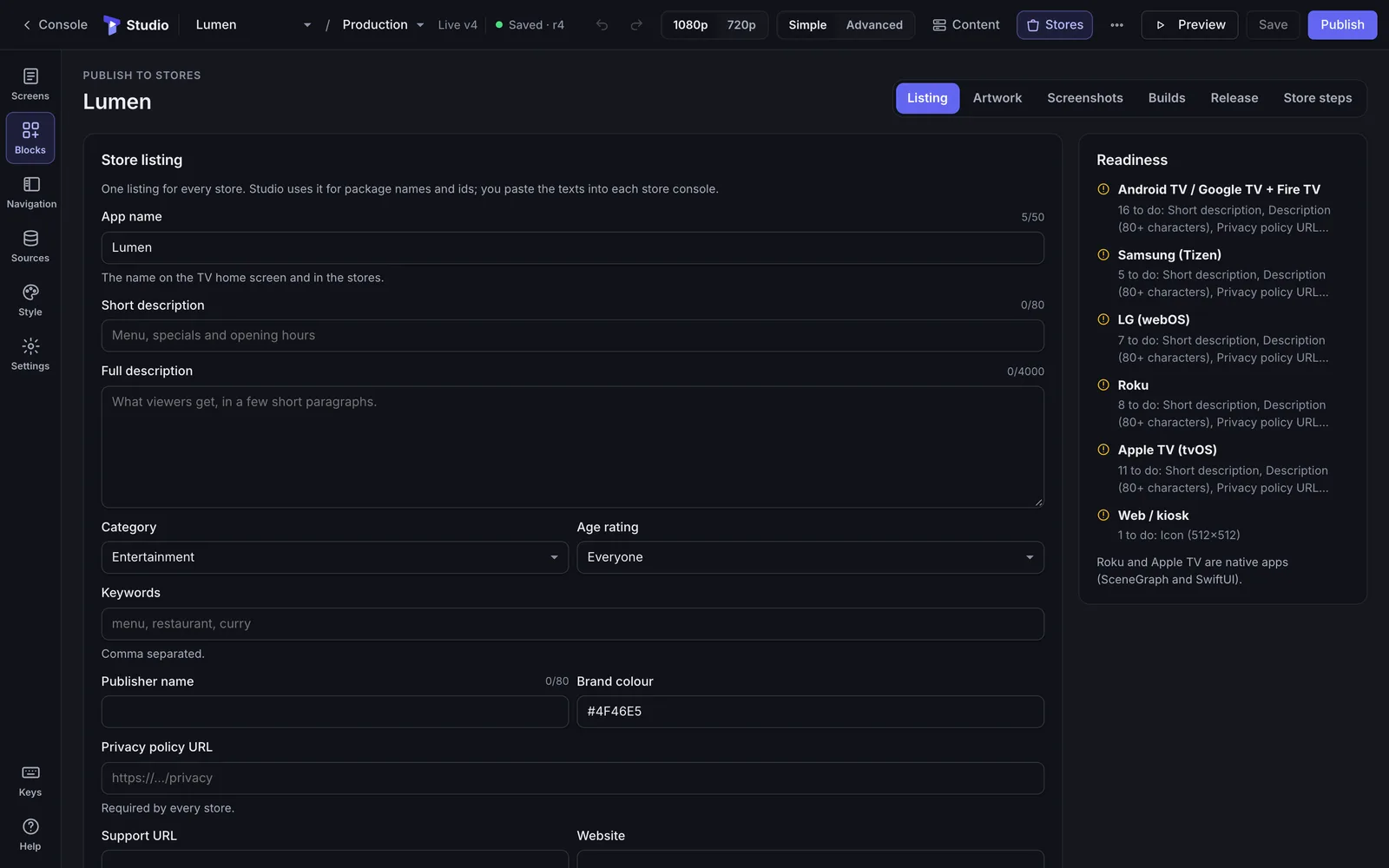 Store submissions with the status of each TV app store