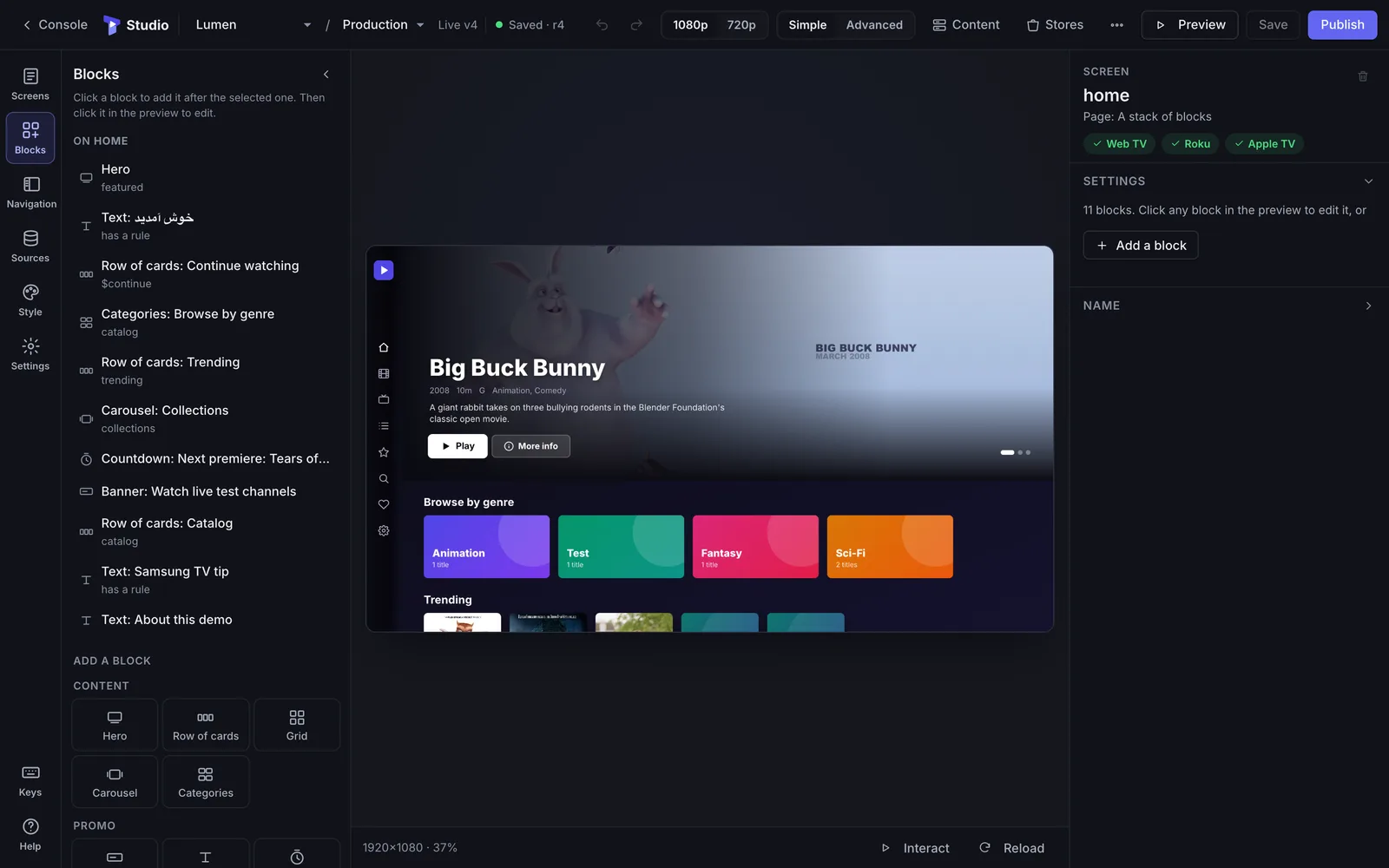 Tellyport Studio editing a streaming app with a live TV preview